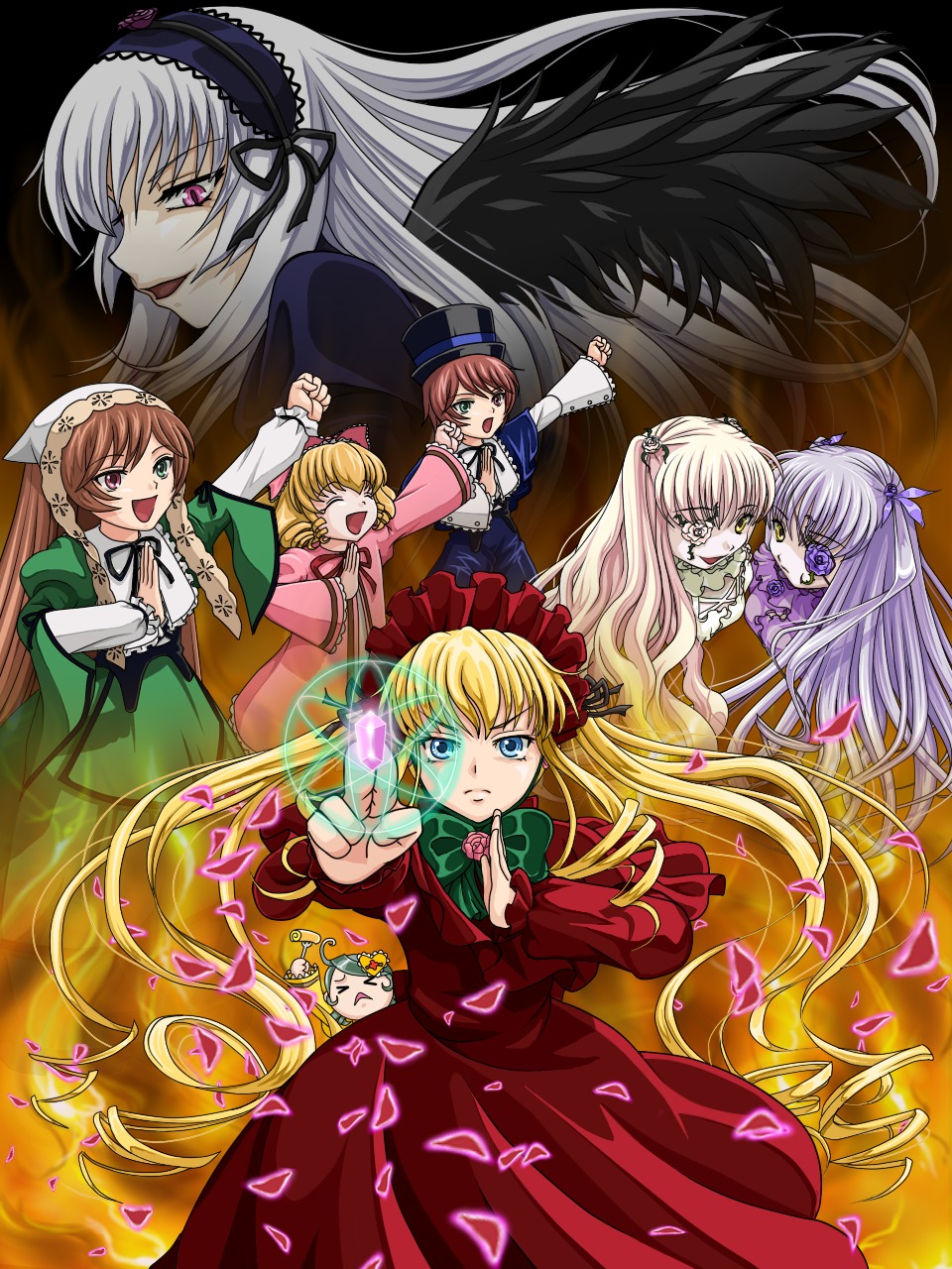 6+girls black_wings blonde_hair blue_eyes bow brown_hair closed_eyes dress drill_hair frills hairband hat hina_ichigo image long_hair long_sleeves multiple multiple_girls open_mouth petals pink_bow pink_hair red_dress shinku siblings silver_hair sisters suigintou suiseiseki tagme twintails very_long_hair wings