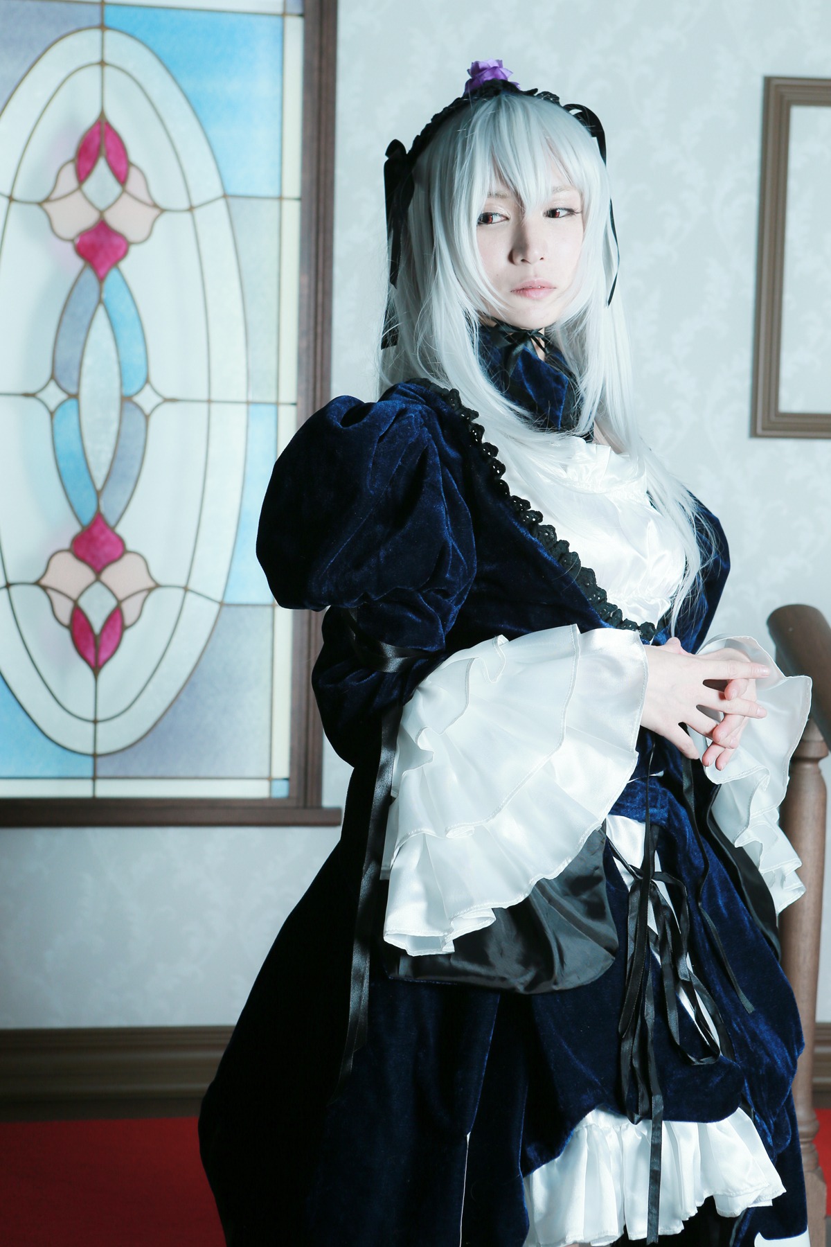 1girl black_dress black_legwear dress frills long_hair long_sleeves pantyhose solo standing suigintou white_hair wide_sleeves