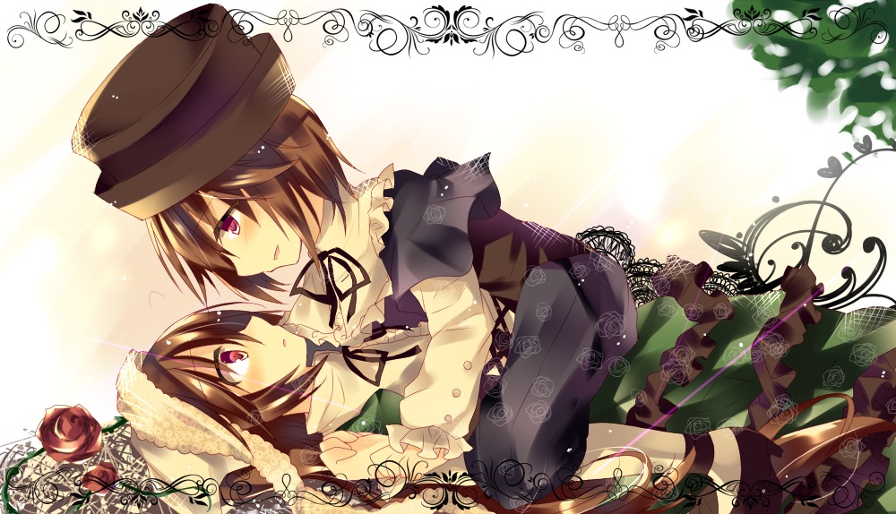 bonnet boots brown_hair dress eye_contact flower hat image looking_at_another multiple_girls pair princess_carry purple_eyes rose short_hair siblings sisters souseiseki suiseiseki twins yuri
