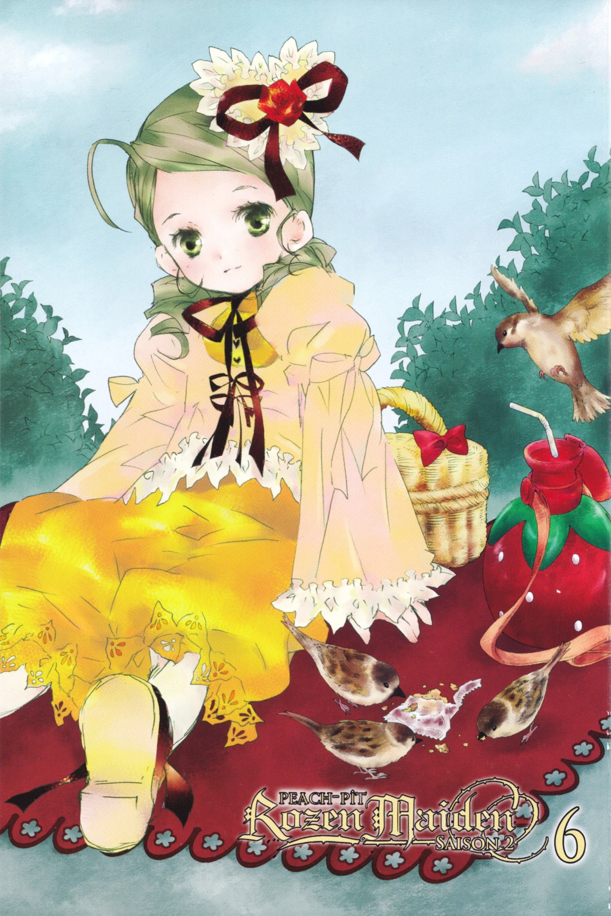 1girl animal bird flower green_eyes green_hair hair_ornament image kanaria ribbon solo