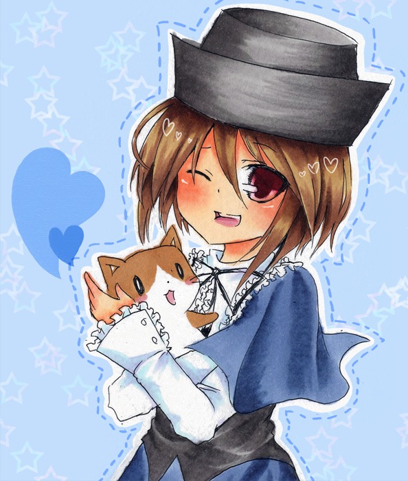 1girl blue_background blush brown_hair capelet cat fang hat heart image long_sleeves one_eye_closed open_mouth red_eyes short_hair smile solo souseiseki star_(symbol) starry_background