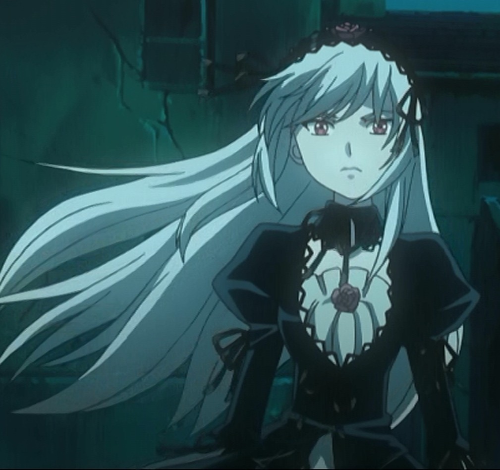 1girl black_dress closed_mouth dress expressionless frills frown hairband image long_hair long_sleeves looking_at_viewer night puffy_sleeves red_eyes ribbon rose solo suigintou upper_body very_long_hair