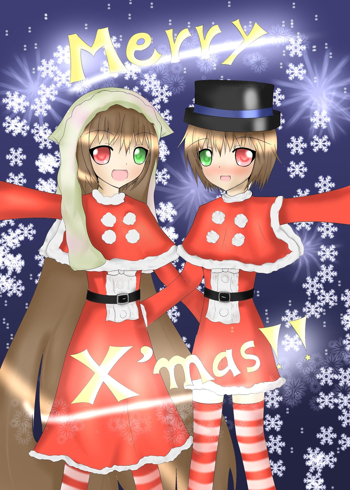 2girls :d belt blush brown_hair christmas dress green_eyes hat heterochromia image merry_christmas multiple_girls open_mouth pair red_eyes santa_costume short_hair siblings sisters smile snowflakes souseiseki striped striped_legwear suiseiseki twins