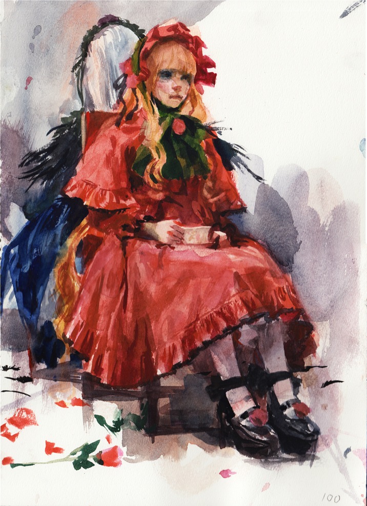 1girl auto_tagged blonde_hair bonnet bow dress flower image long_hair long_sleeves pair petals red_dress shinku sitting solo suigintou