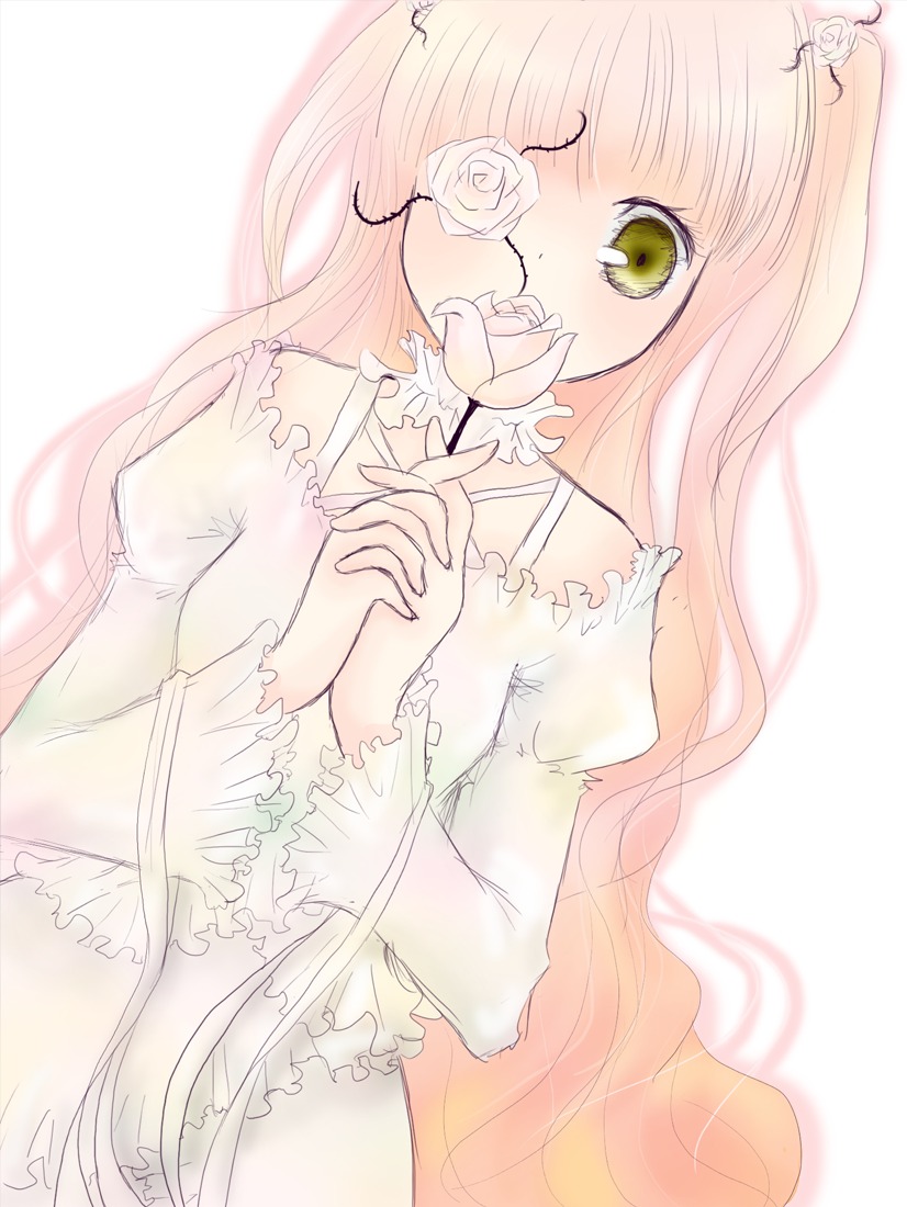 1girl bangs bare_shoulders blonde_hair blush dress flower frills hands_clasped image interlocked_fingers kirakishou long_hair long_sleeves own_hands_together pink_hair puffy_sleeves rose solo striped vertical-striped_dress vertical-striped_legwear vertical_stripes very_long_hair white_dress white_flower white_rose yellow_eyes