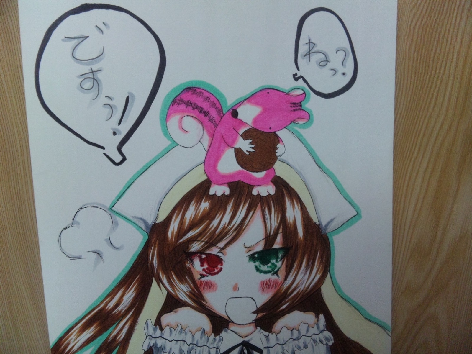 1girl bare_shoulders blush brown_hair dress green_eyes heterochromia image long_hair on_head photo red_eyes solo speech_bubble suiseiseki thought_bubble traditional_media