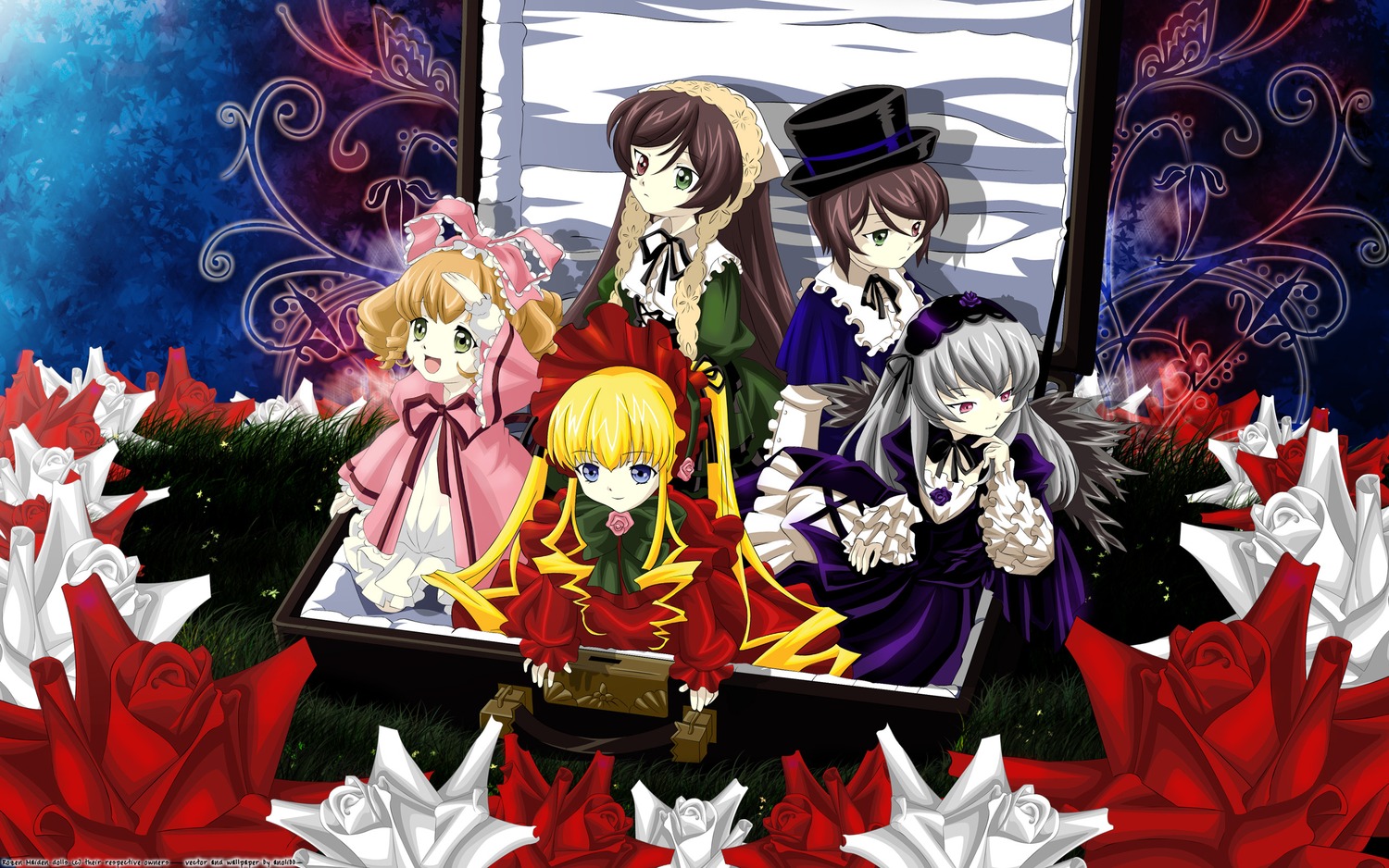 5girls artist_request blonde_hair blue_eyes bow brown_hair dress flower frills green_eyes hairband hat highres hina_ichigo image long_hair long_sleeves looking_at_viewer multiple multiple_girls photoshop_(medium) pink_bow pink_dress red_dress red_eyes rozen_maiden shinku short_hair siblings silver_hair sisters souseiseki suigintou suiseiseki tagme twins twintails very_long_hair wings