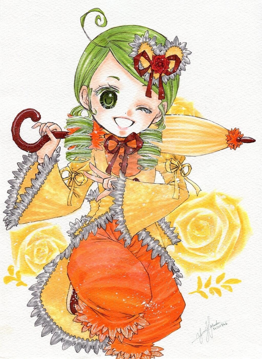 1girl ahoge dress drill_hair flower full_body green_eyes green_hair image kanaria long_sleeves one_eye_closed orange_dress rose signature smile solo traditional_media twin_drills