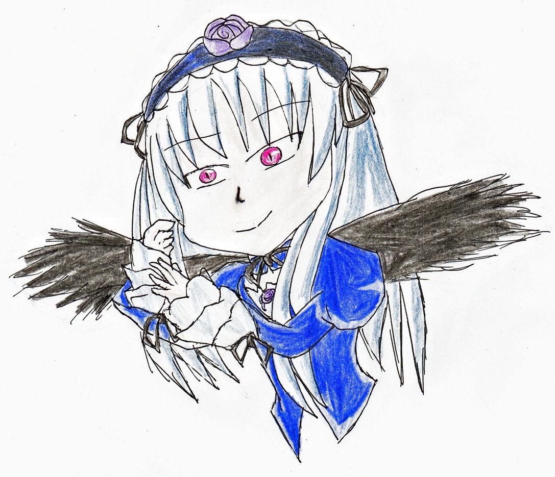 1girl auto_tagged black_wings closed_mouth dress feathered_wings feathers flower frilled_sleeves frills hairband image juliet_sleeves long_hair long_sleeves looking_at_viewer pink_eyes purple_eyes rose simple_background smile solo suigintou traditional_media white_background wings