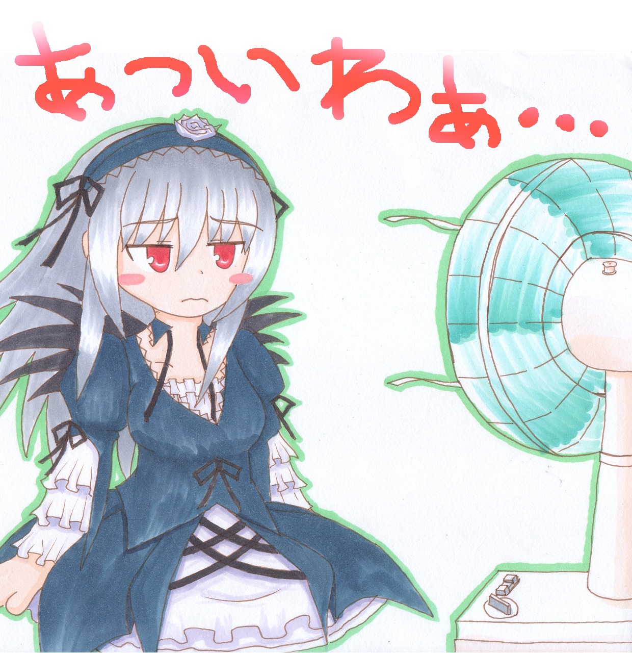 1girl barefoot blush blush_stickers chibi dress flower frills hairband image long_hair long_sleeves red_eyes rose silver_hair solo suigintou traditional_media wings