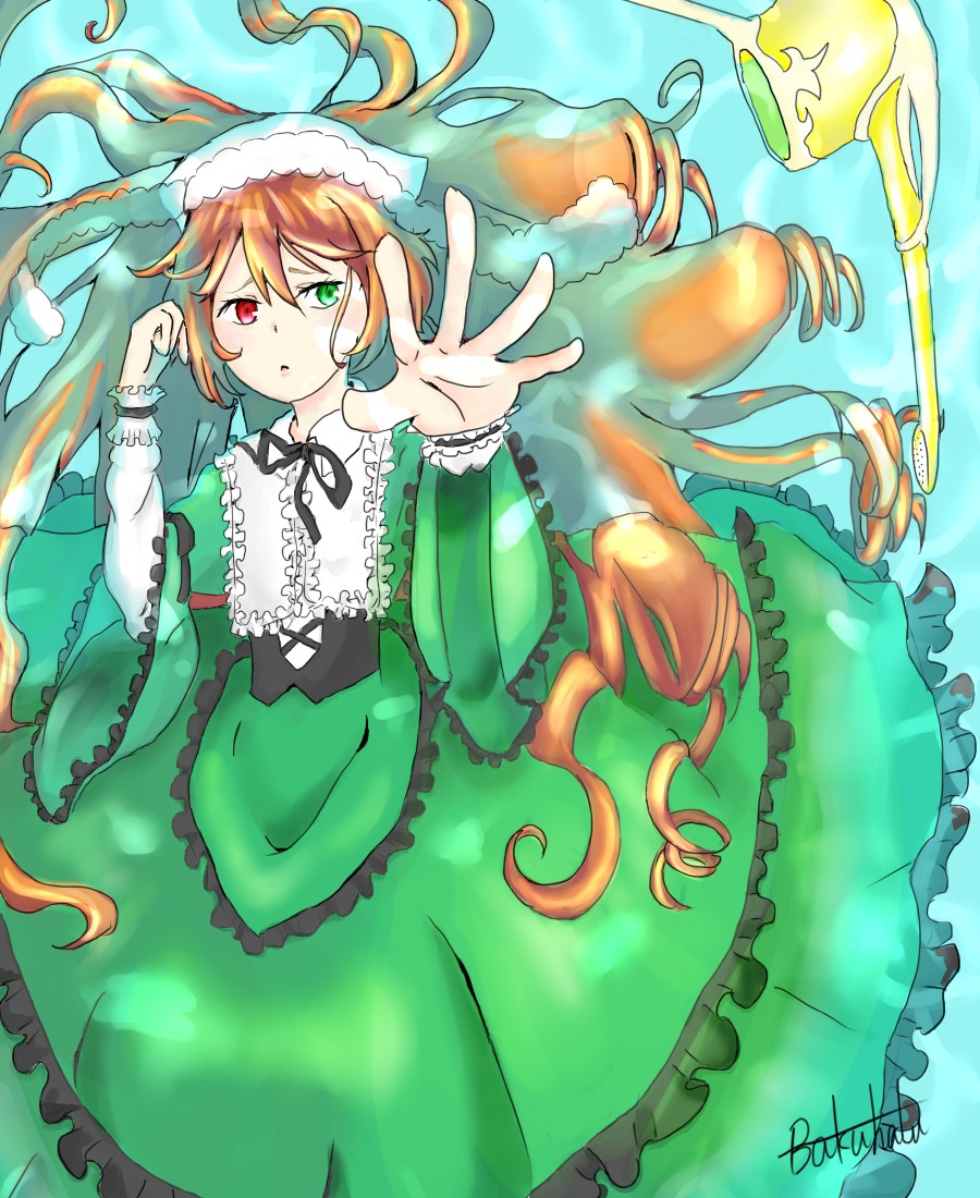 1girl dress drill_hair frills green_dress green_eyes heterochromia image lolita_fashion long_hair long_sleeves looking_at_viewer red_eyes ribbon solo suiseiseki very_long_hair