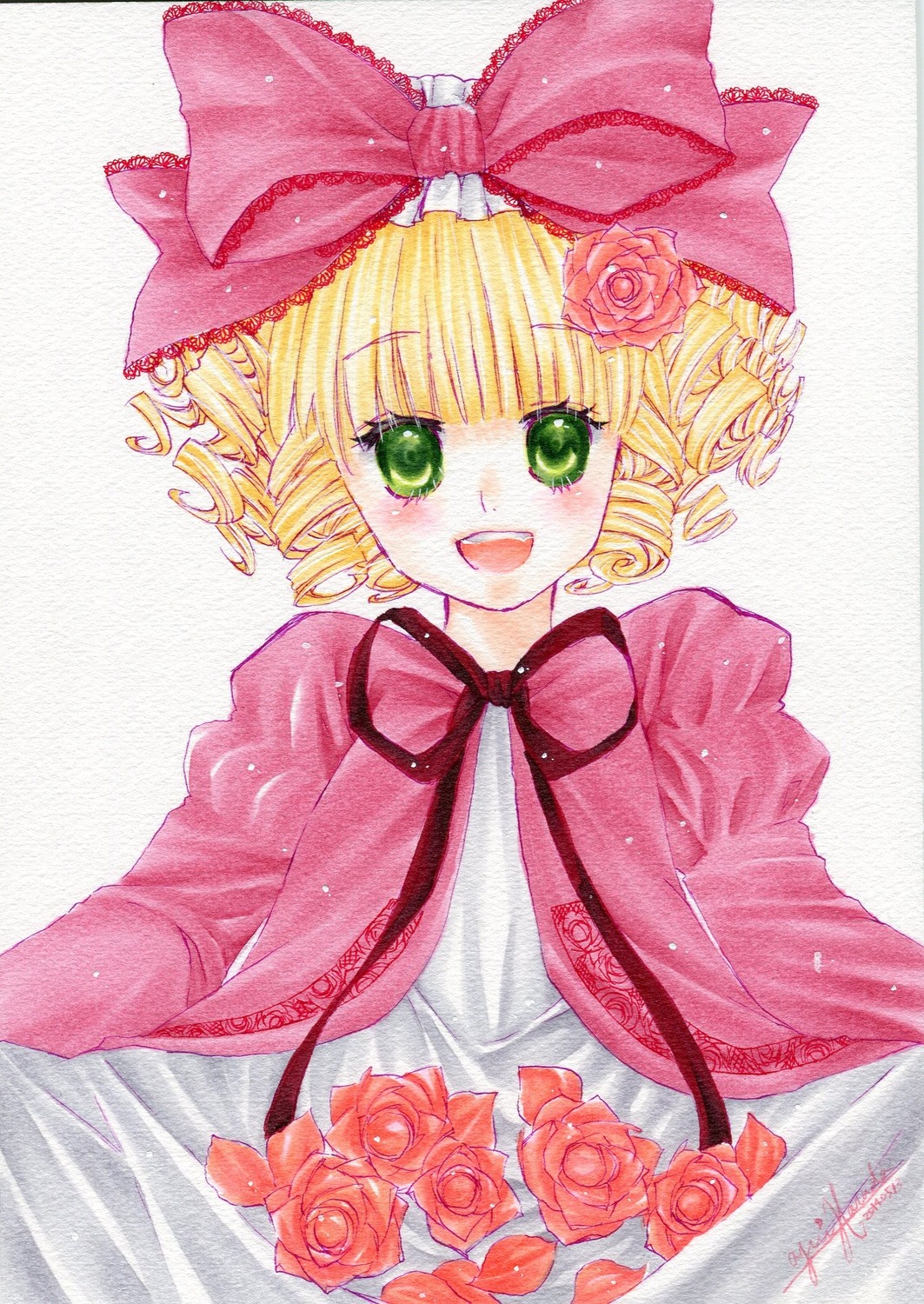 1girl blonde_hair bow dress drill_hair flower green_eyes hina_ichigo hinaichigo image long_sleeves open_mouth pink_bow pink_flower pink_rose red_flower red_rose rose short_hair smile solo traditional_media