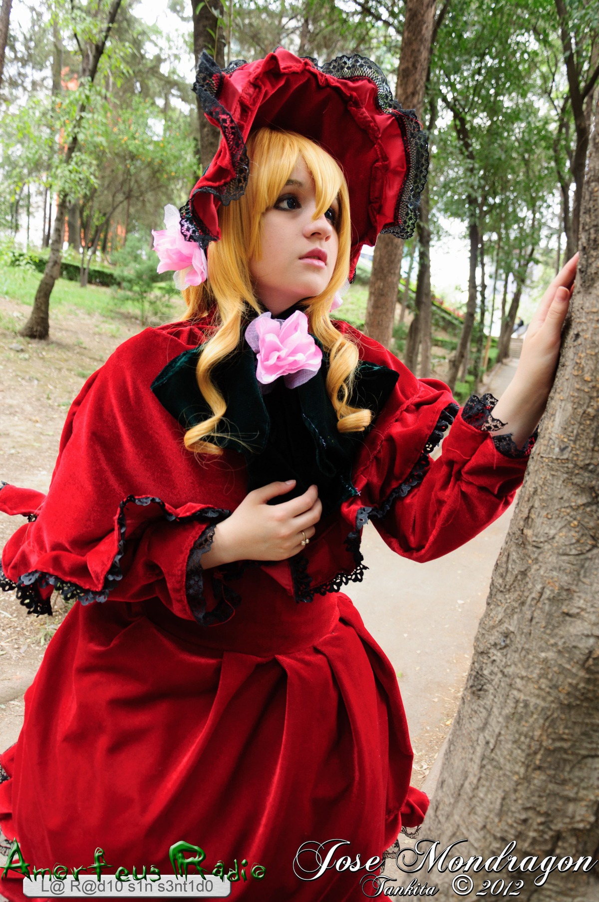 1girl blonde_hair blue_eyes bonnet capelet day dress long_hair red_dress shinku solo
