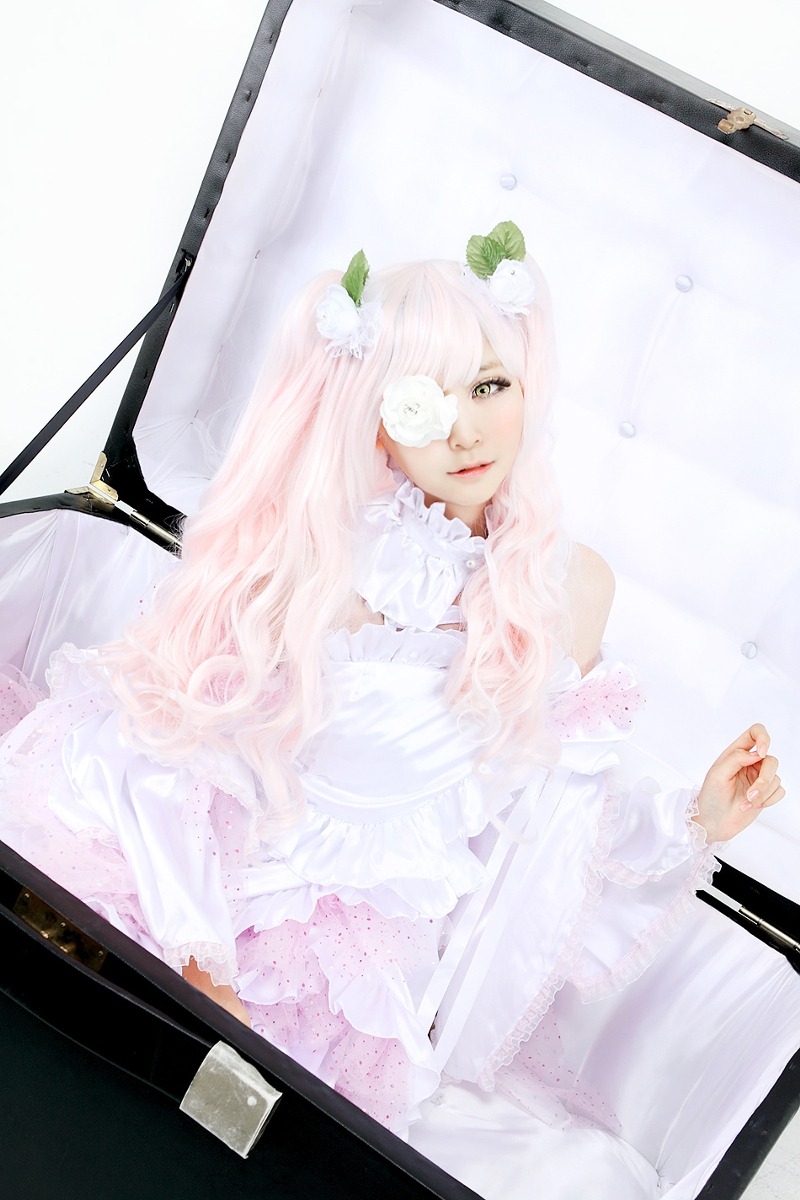 1girl bangs dress eyepatch flower frills kirakishou lace lips lolita_fashion long_hair pink_hair sitting solo striped white_hair