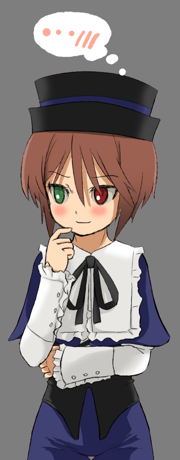 1girl black_ribbon blush brown_hair frills green_eyes hat heterochromia image long_sleeves looking_at_viewer pants red_eyes ribbon simple_background smile solo souseiseki spoken_blush top_hat white_background