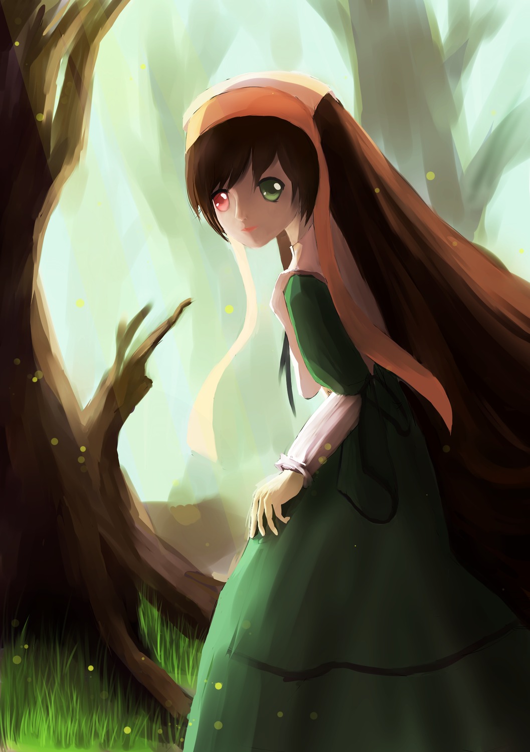 1girl brown_hair dress forest green_dress green_eyes head_scarf heterochromia image long_hair long_sleeves looking_at_viewer looking_back nature outdoors red_eyes smile solo standing suiseiseki sunlight tree very_long_hair
