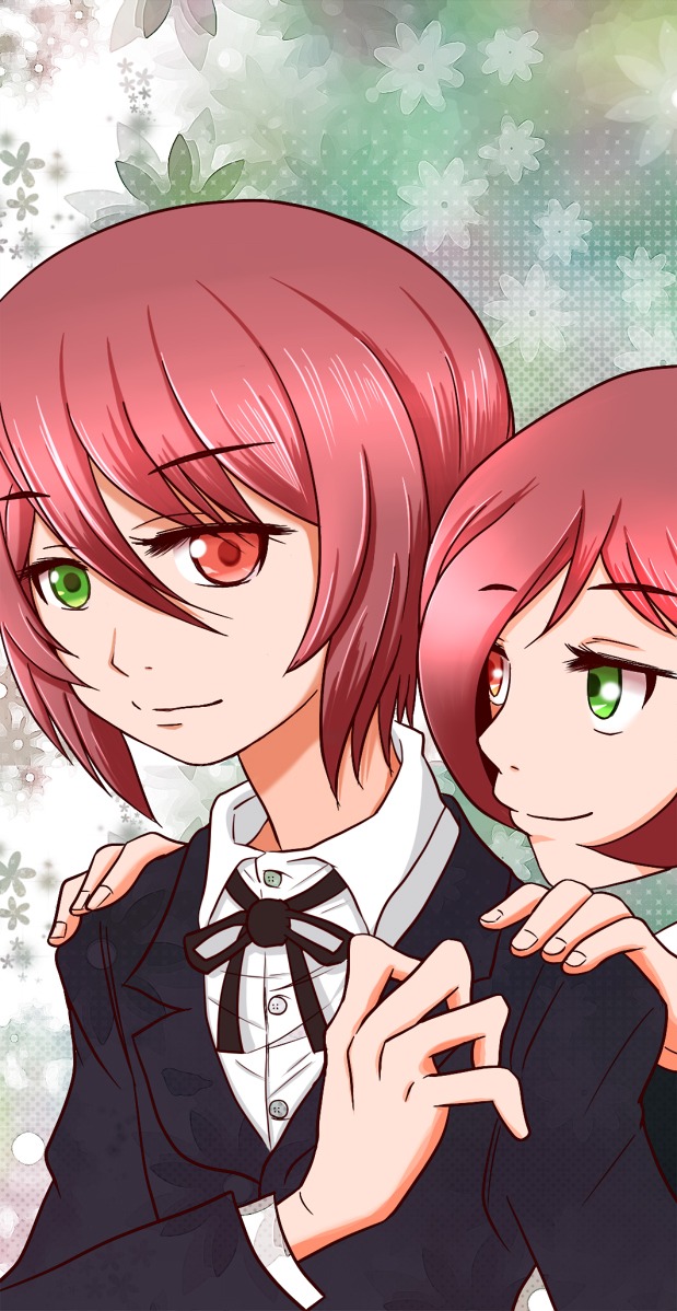 auto_tagged green_eyes heterochromia image long_sleeves pair red_eyes ribbon school_uniform short_hair siblings sisters smile souseiseki suiseiseki twins