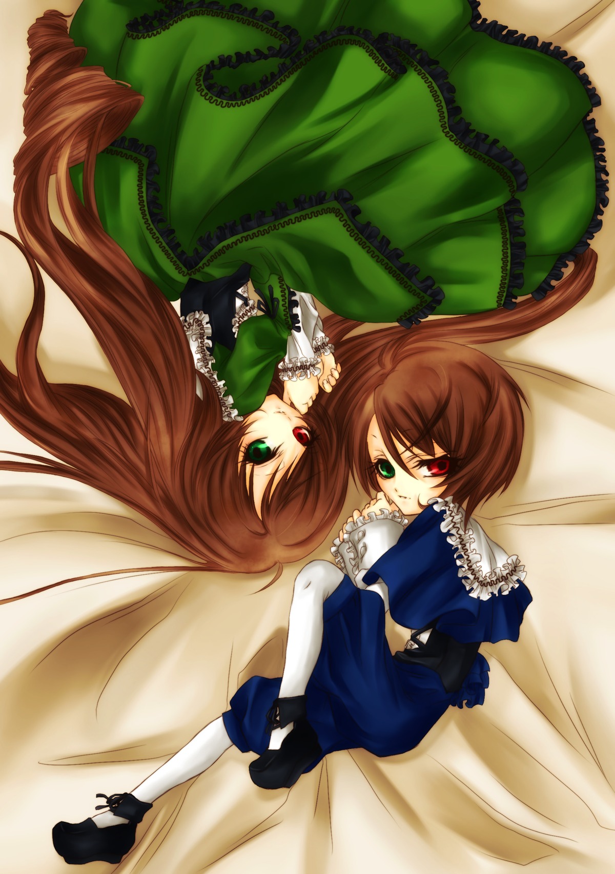 2girls blue_dress brown_hair dress frills green_dress green_eyes heterochromia image long_hair long_sleeves looking_at_viewer multiple_girls pair red_eyes siblings sisters souseiseki suiseiseki twins very_long_hair