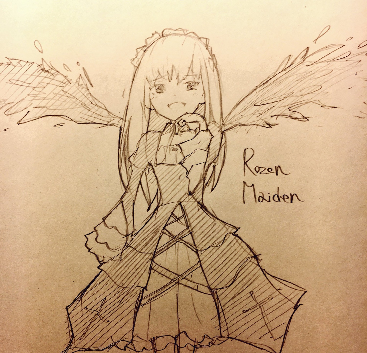 1girl :d dress eyebrows_visible_through_hair feathered_wings frills image juliet_sleeves long_hair long_sleeves looking_at_viewer maid_headdress monochrome open_mouth smile solo suigintou wings