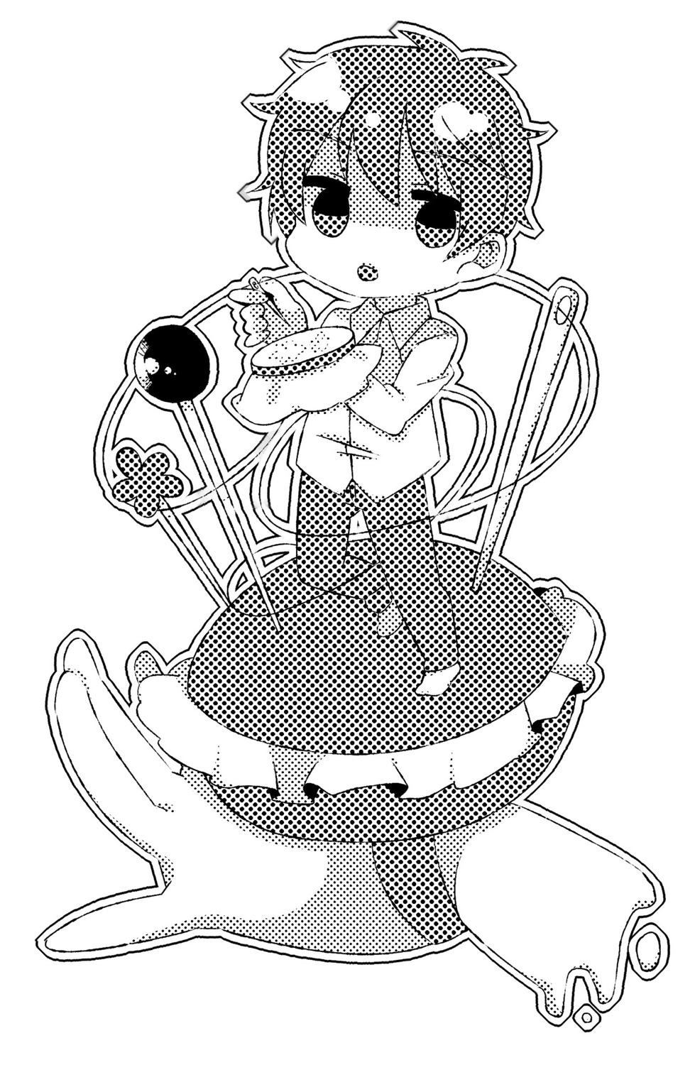 1boy cup food full_body halftone human monochrome sakurada_jun solo striped