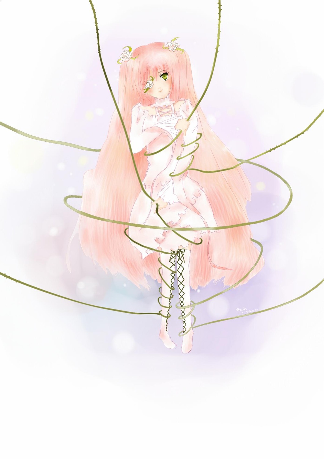 1girl dress flower green_eyes image kirakishou long_hair pink_hair solo very_long_hair vines