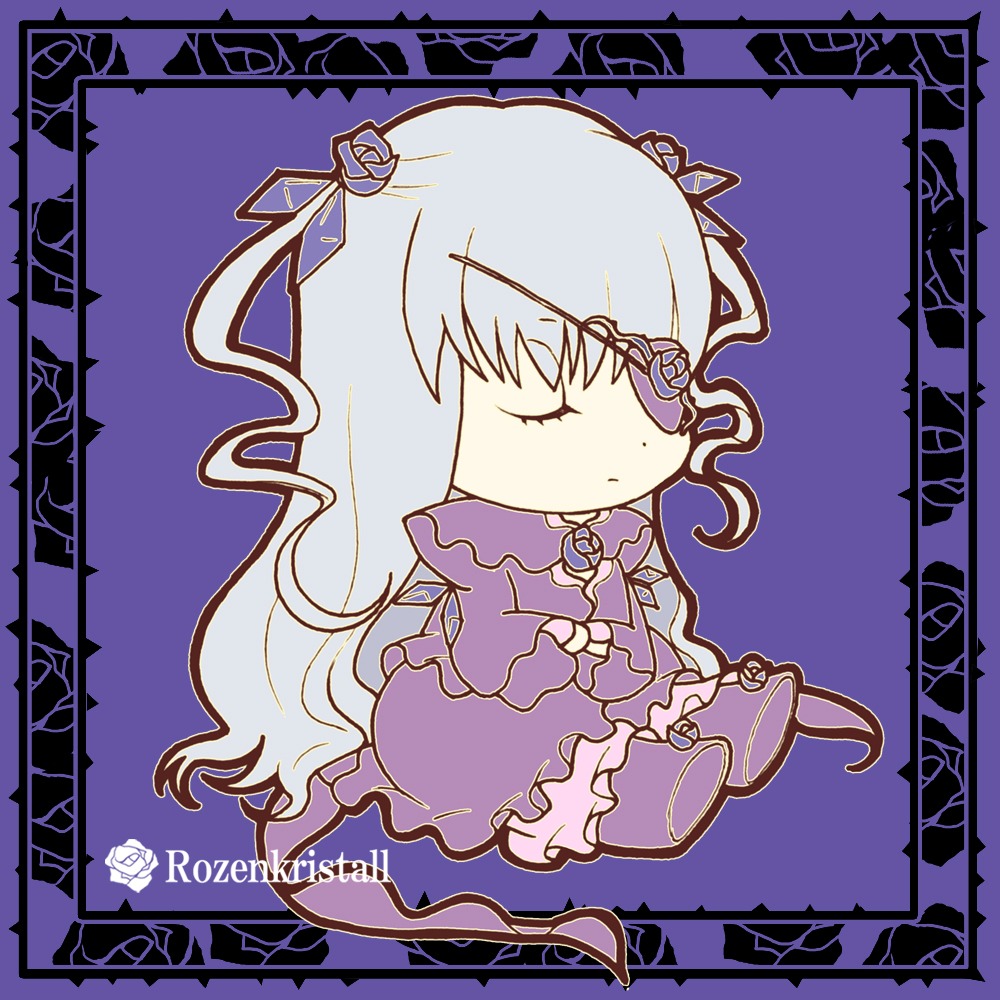 1girl barasuishou chibi dress flower frills image long_hair long_sleeves purple_background purple_dress purple_rose ribbon rose solo suigintou wings