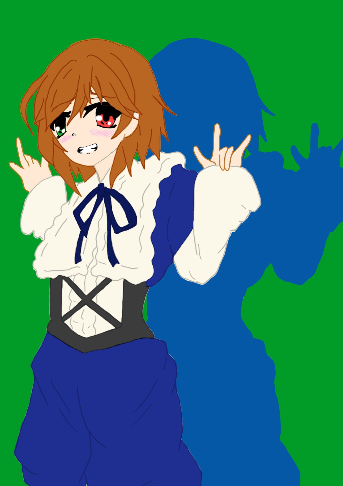 1boy auto_tagged blush brown_hair cowboy_shot frills green_background heterochromia image long_sleeves looking_at_viewer red_eyes ribbon shirt simple_background smile solo souseiseki