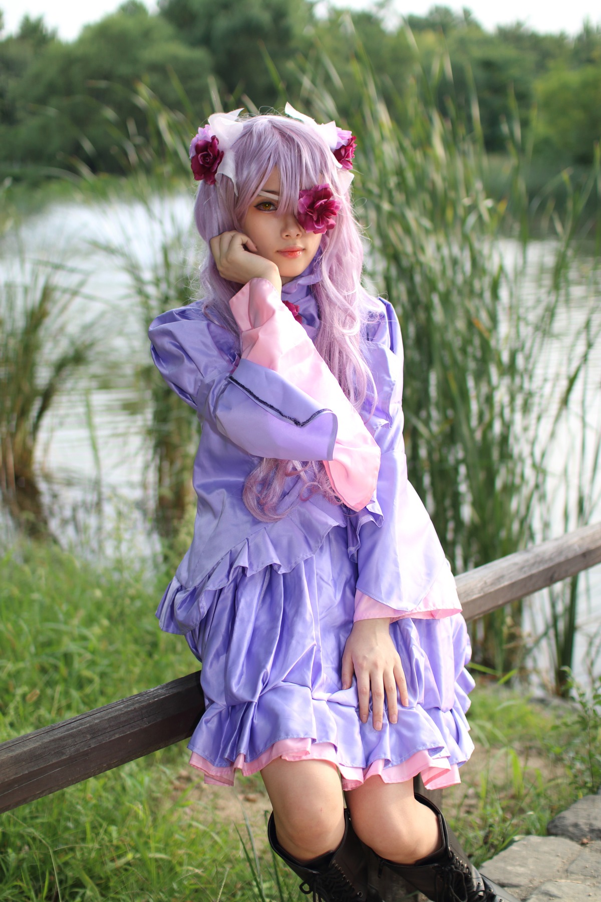 1girl barasuishou boots dress eyepatch flower hair_ornament lips long_hair realistic solo
