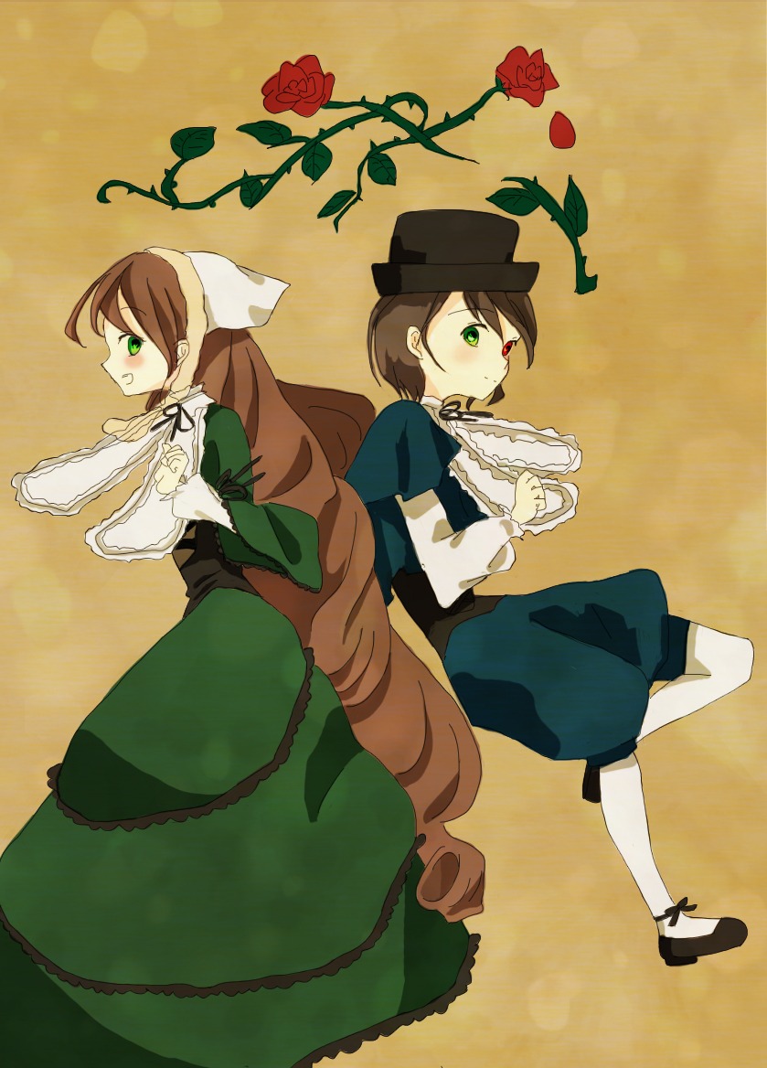 brown_hair dress flower green_eyes hat head_scarf heterochromia image multiple_girls pair red_flower red_rose rose short_hair siblings sisters souseiseki suiseiseki twins watering_can