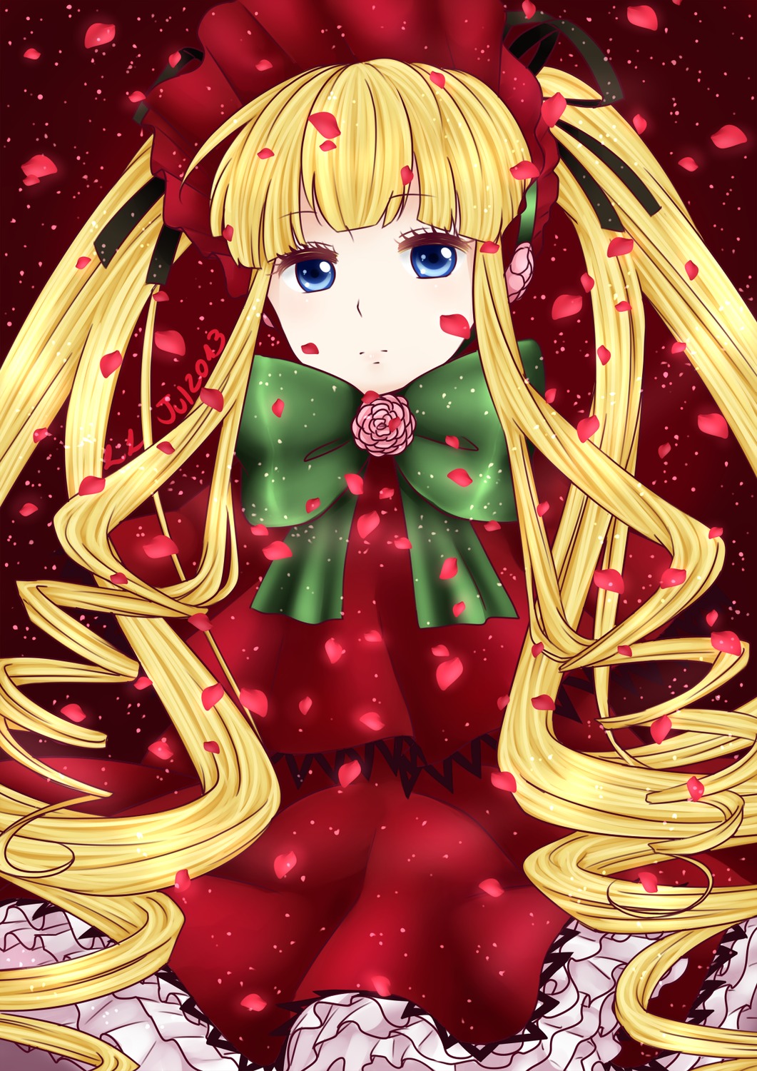 1girl bangs blonde_hair blue_eyes bow cowboy_shot dress flower green_bow hat image long_hair looking_at_viewer petals red_dress rose rose_petals shinku solo twintails very_long_hair