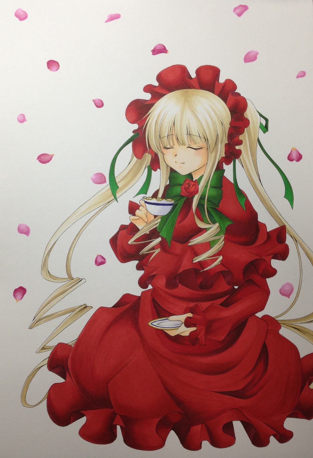 1girl blonde_hair blush bonnet bow bowtie closed_eyes cup dress flower image long_hair long_sleeves petals rose rose_petals saucer shinku smile solo tea teacup twintails