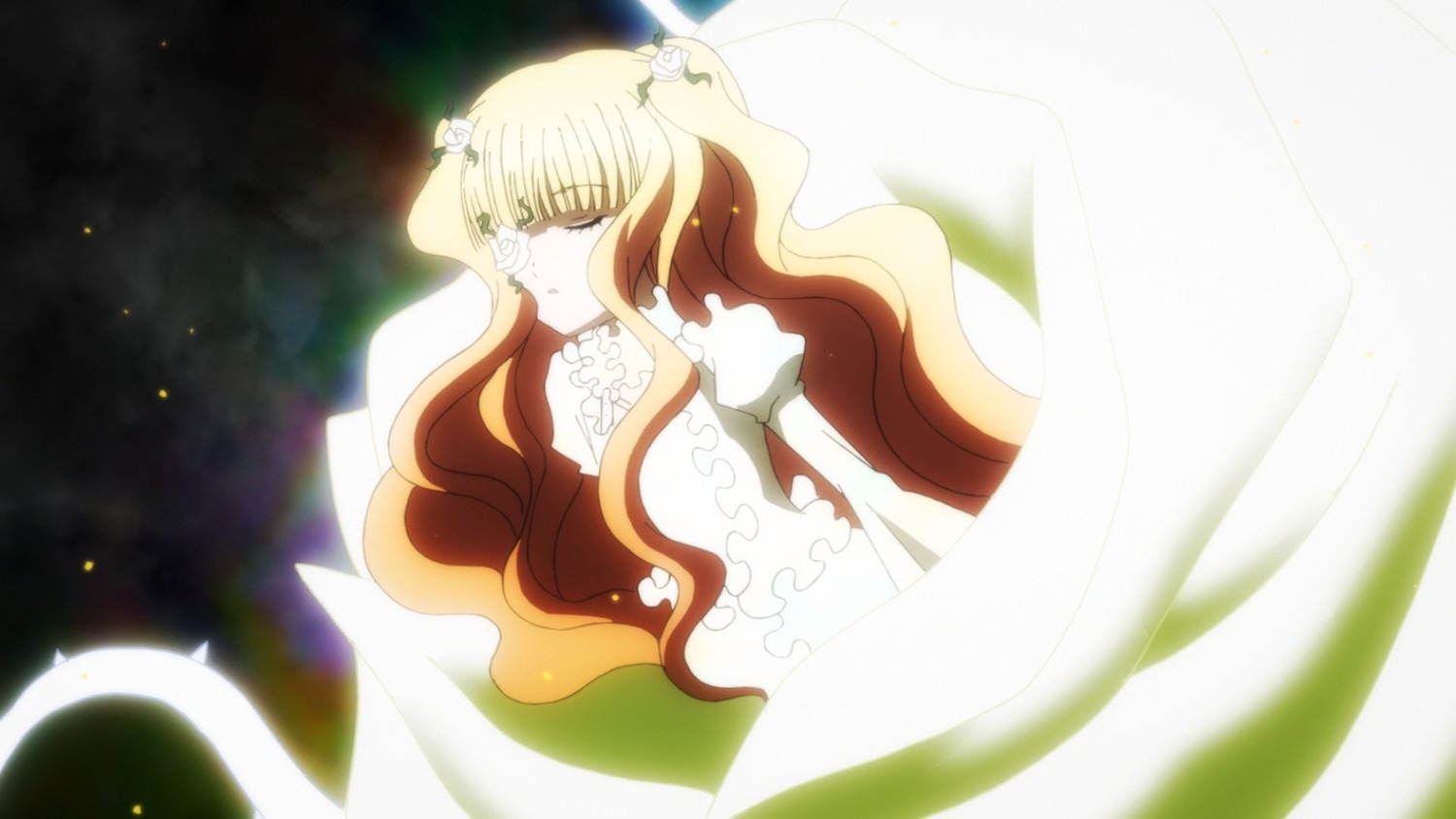 1girl blonde_hair curtains dress flower hair_flower hair_ornament image kirakishou long_hair rose solo very_long_hair wavy_hair