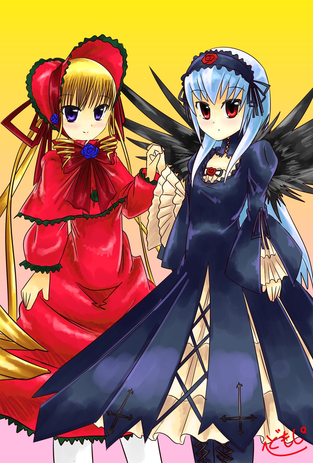 2girls black_wings blonde_hair blue_eyes blush bonnet bow dress flower frills image long_hair long_sleeves looking_at_viewer multiple_girls pair red_dress red_eyes rose shinku sidelocks simple_background standing suigintou twintails very_long_hair wings yellow_background