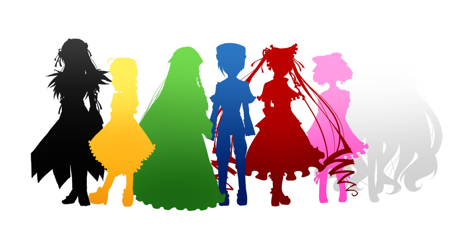 5girls blonde_hair blue_hair dress hair_ornament hat hatsune_miku image kagamine_rin long_hair megurine_luka meiko multiple multiple_girls multiple_monochrome pink_hair ponytail shadow short_hair silhouette standing striped tagme twintails very_long_hair