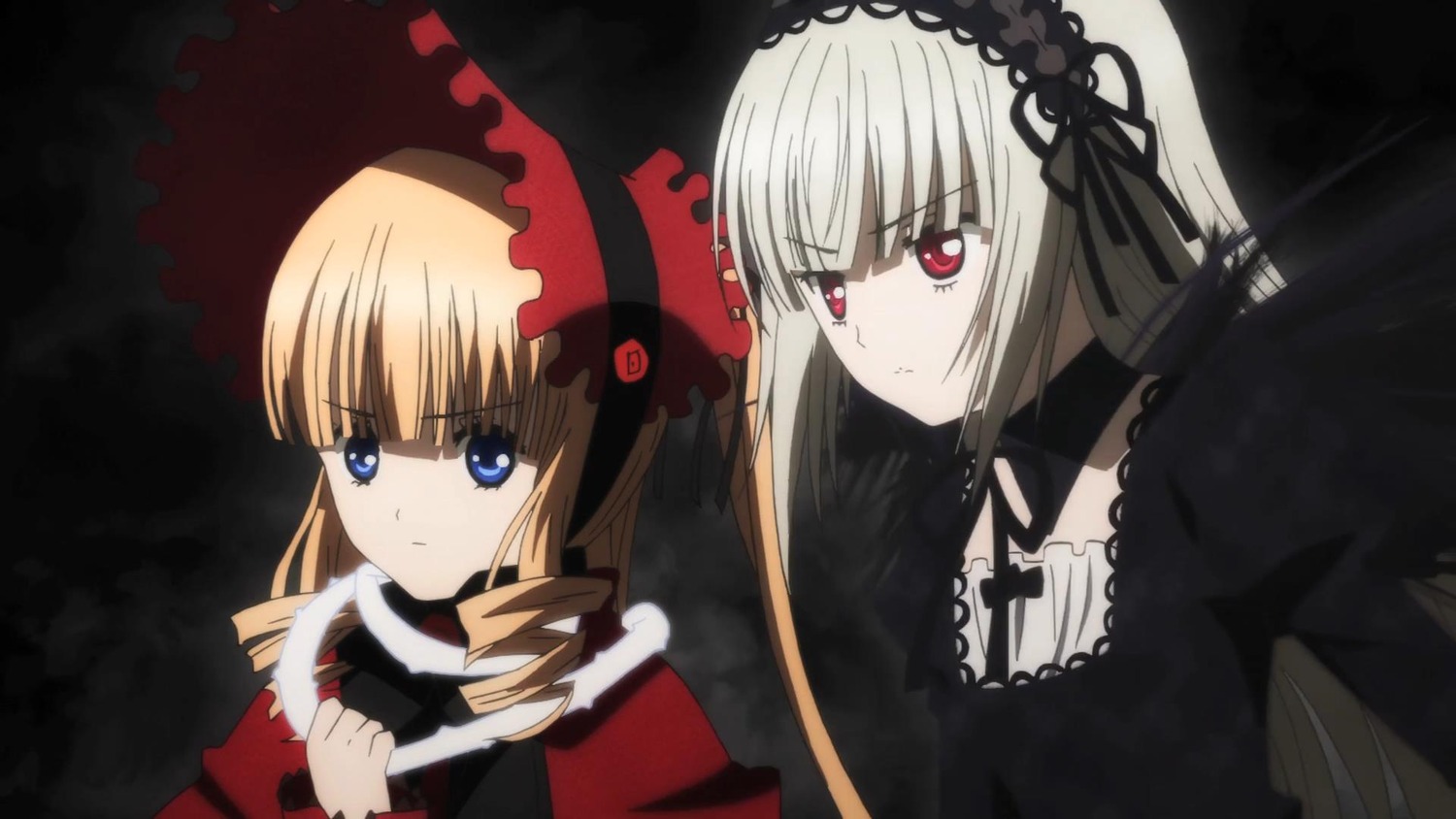 2girls blonde_hair blue_eyes bonnet bow dress drill_hair flower frills hairband image long_hair long_sleeves multiple_girls pair red_eyes shinku silver_hair suigintou