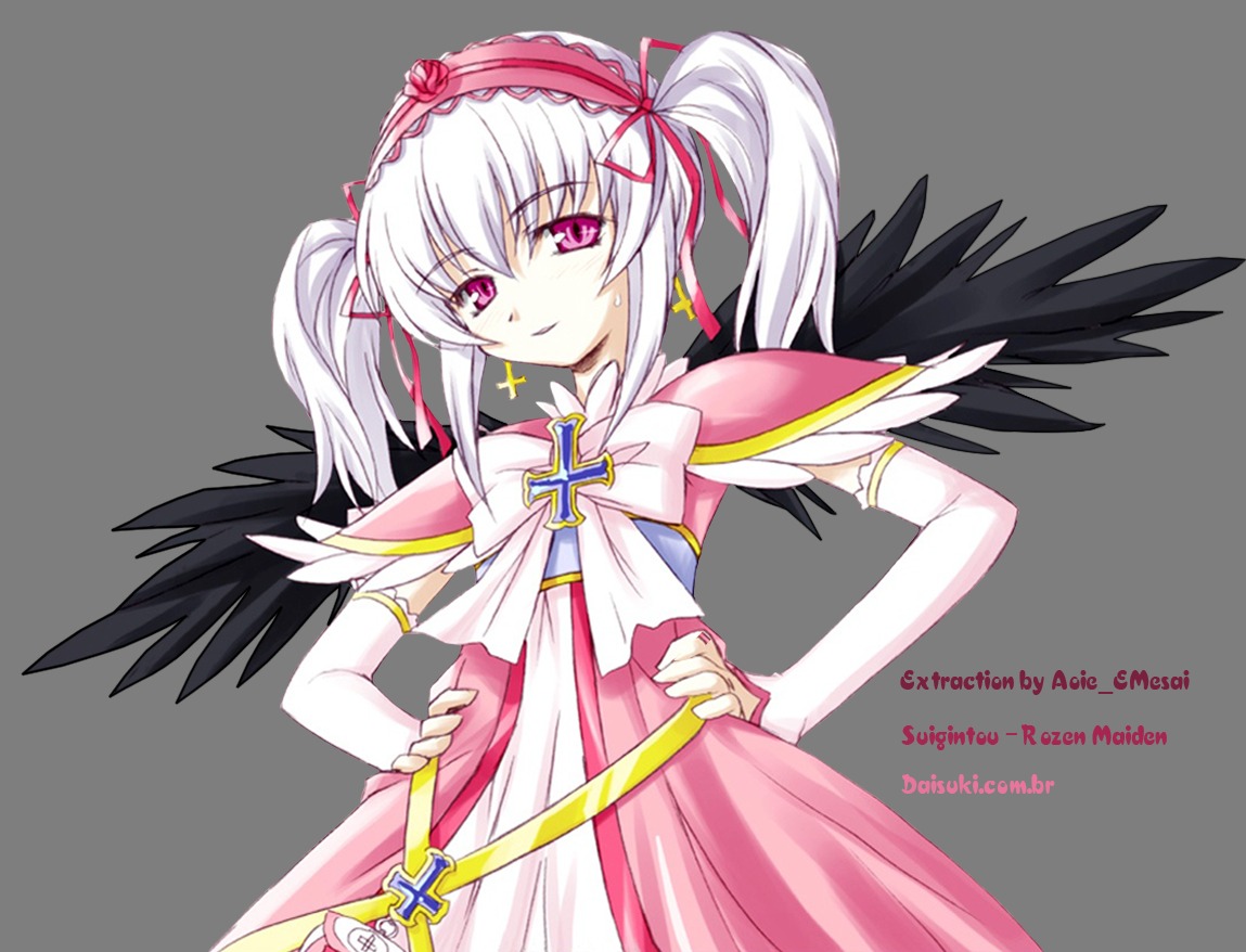 1girl black_wings dress elbow_gloves hair_ribbon hairband hands_on_hips image jewelry lolita_hairband long_hair ribbon solo striped suigintou twintails white_hair wings