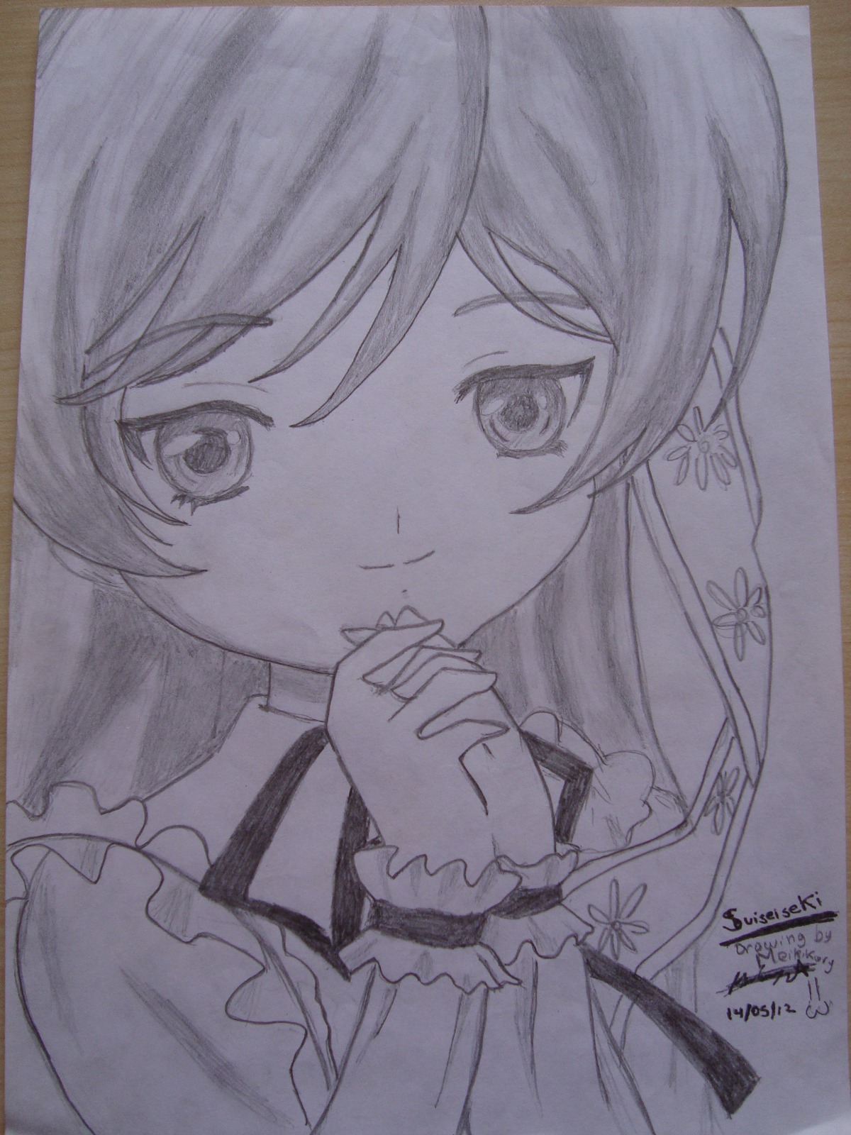 1girl artist_name closed_mouth dated graphite_(medium) greyscale hands_clasped image interlocked_fingers long_hair looking_at_viewer monochrome own_hands_together photo shikishi signature smile solo suiseiseki traditional_media upper_body