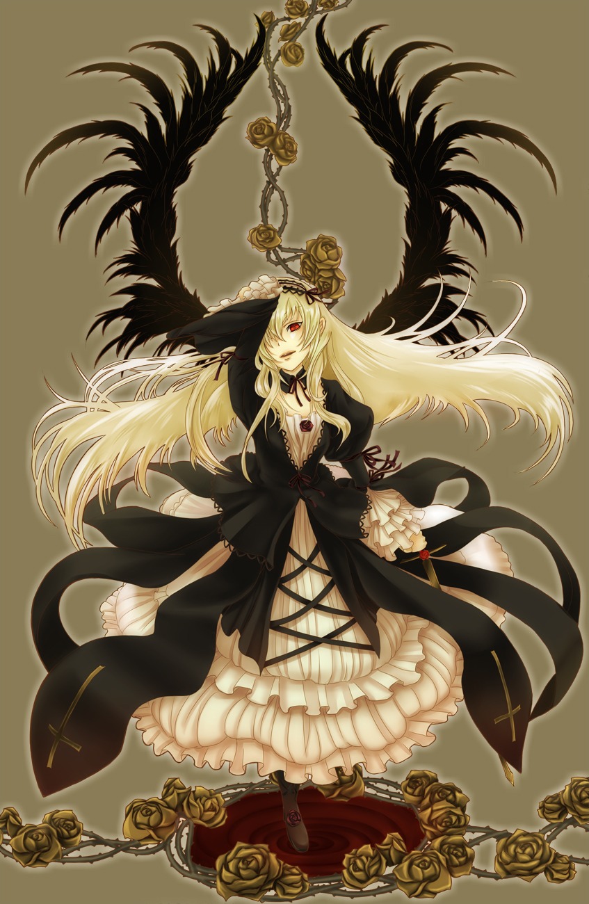 1girl blonde_hair breasts cleavage dress flower image long_hair red_eyes rose solo suigintou very_long_hair