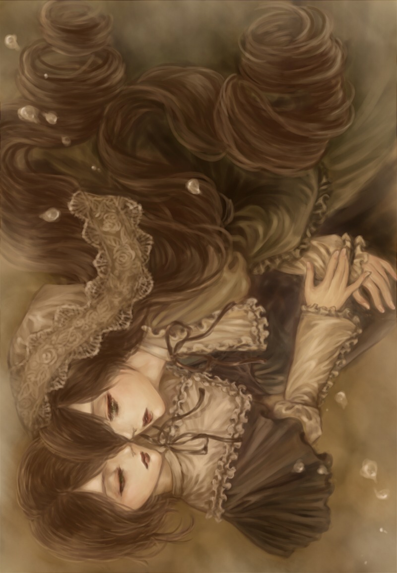 2girls air_bubble auto_tagged bad_id bad_pixiv_id brown_hair brown_theme bubble closed_eyes dress drill_hair frilled_sleeves frills green_eyes hair_over_one_eye head_scarf image jitome lace lips long_hair long_sleeves multiple_girls no_hat no_headwear pair parted_lips red_eyes rozen_maiden short_hair siblings sisters souseiseki suiseiseki twins underwater very_long_hair yukishiro_(hitsuji) yuri