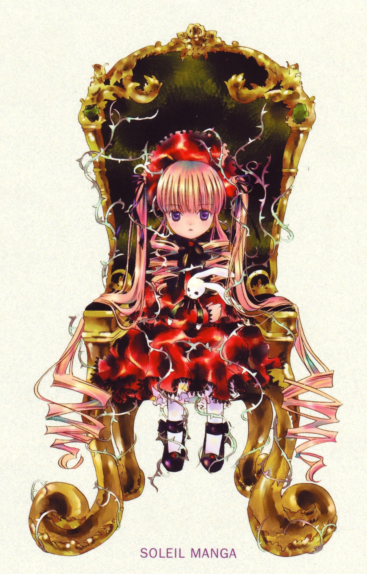 1girl blonde_hair bow dress drill_hair full_body image long_hair red_dress shinku shoes sitting solo twin_drills twintails very_long_hair white_legwear