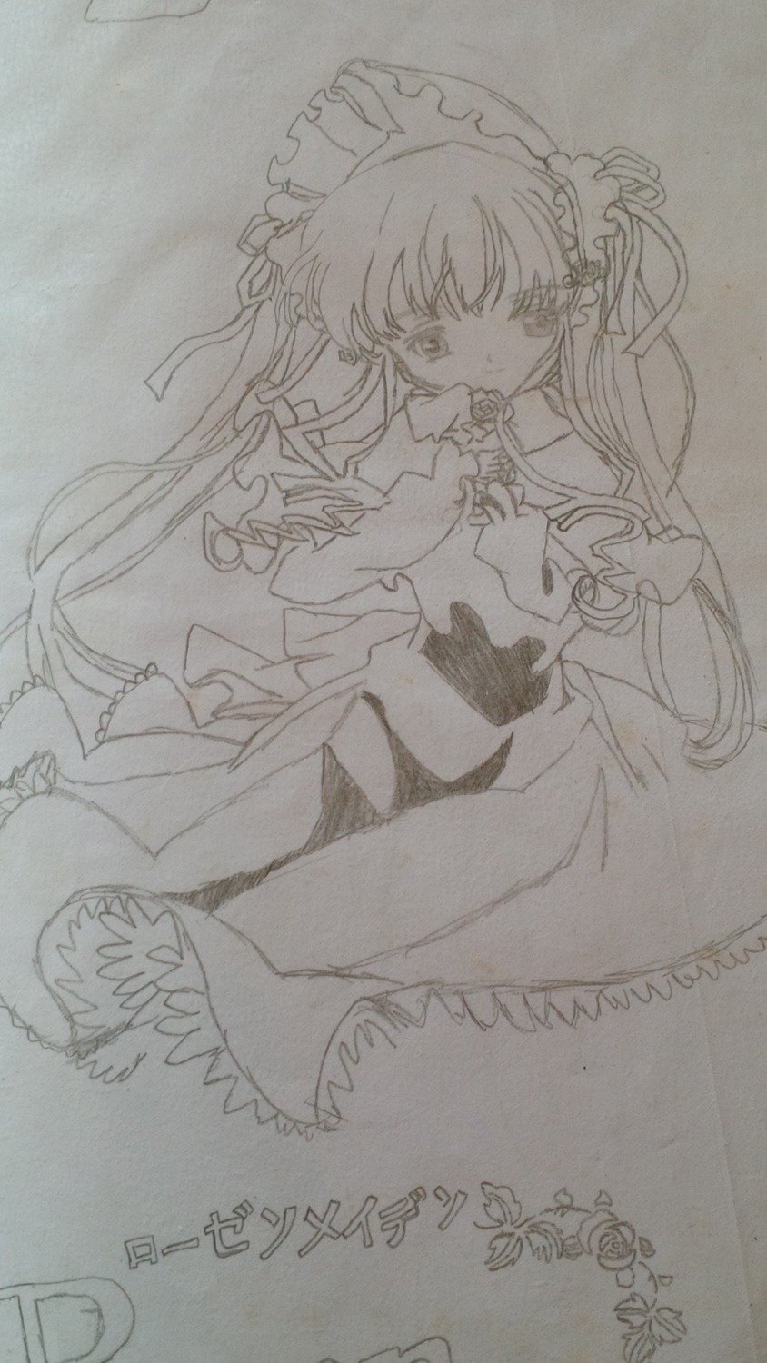 1girl dress frills greyscale image long_hair long_sleeves looking_at_viewer monochrome photo shinku solo traditional_media