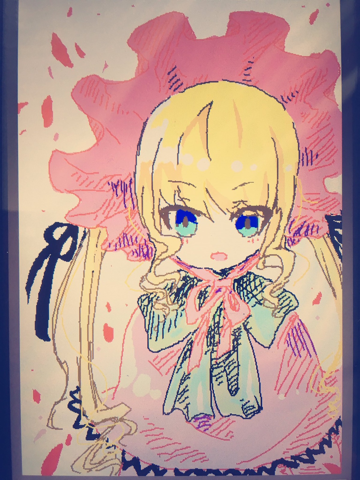 1girl bangs blonde_hair blue_eyes blush dress eyebrows_visible_through_hair flower image long_hair long_sleeves looking_at_viewer open_mouth petals shinku solo traditional_media upper_body