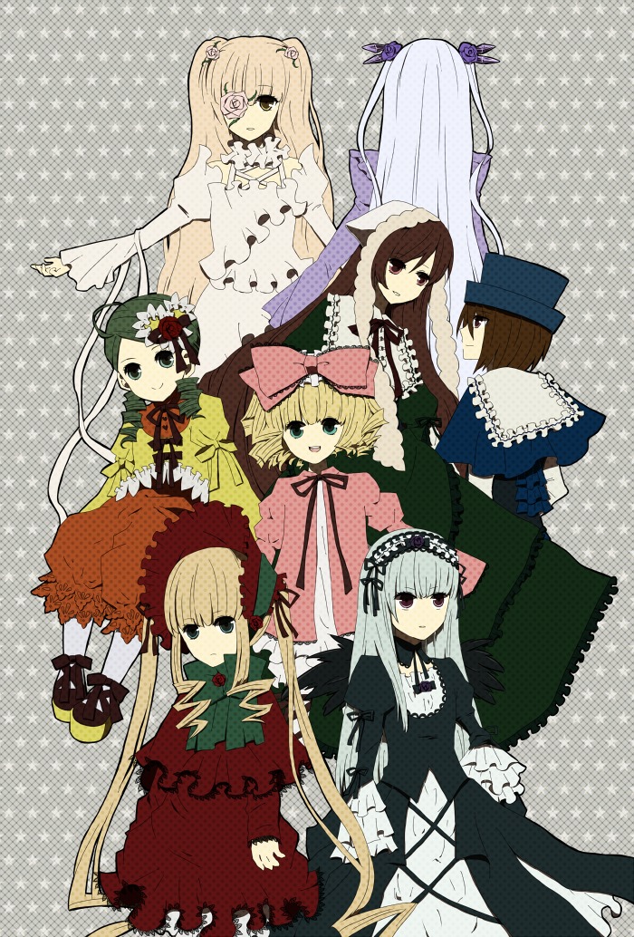 6+girls blonde_hair blue_eyes bonnet bow brown_hair dress drill_hair eyepatch frills hat hina_ichigo image kanaria long_hair long_sleeves multiple multiple_girls pink_bow shinku silver_hair souseiseki suigintou suiseiseki tagme twins twintails very_long_hair
