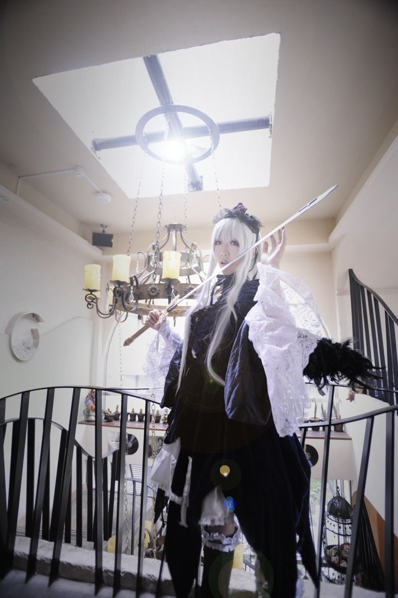 1girl bangs blue_eyes gloves hairband indoors long_hair looking_at_viewer solo standing suigintou sword weapon white_hair