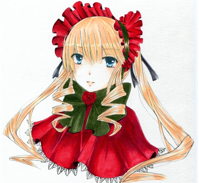 1girl blonde_hair blue_eyes bonnet bow bowtie capelet drill_hair flower image long_hair looking_at_viewer marker_(medium) parted_lips red_capelet red_flower red_rose rose shinku simple_background solo traditional_media twintails upper_body white_background