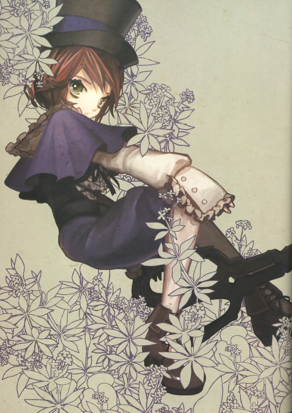 1girl absurdres boots brown_hair dress flower frills green_eyes hat heterochromia highres image knee_boots long_sleeves looking_at_viewer looking_back pantyhose red_hair rozen_maiden scan scissors short_hair solo souseiseki top_hat wada_arco