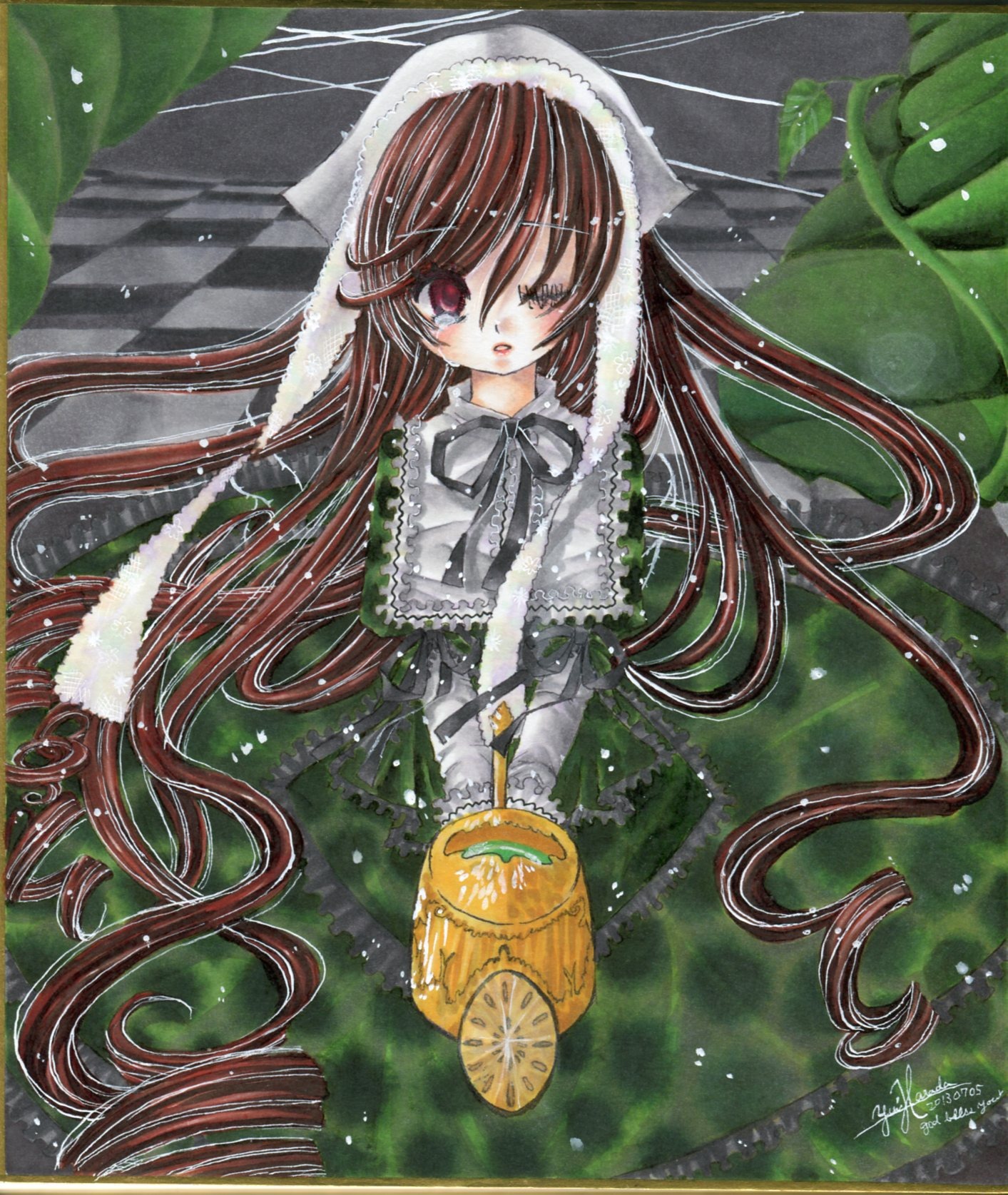1girl argyle argyle_background brown_hair checkered checkered_background checkered_floor dress image lolita_fashion long_hair long_sleeves one_eye_closed signature solo suiseiseki traditional_media very_long_hair watercolor_(medium)