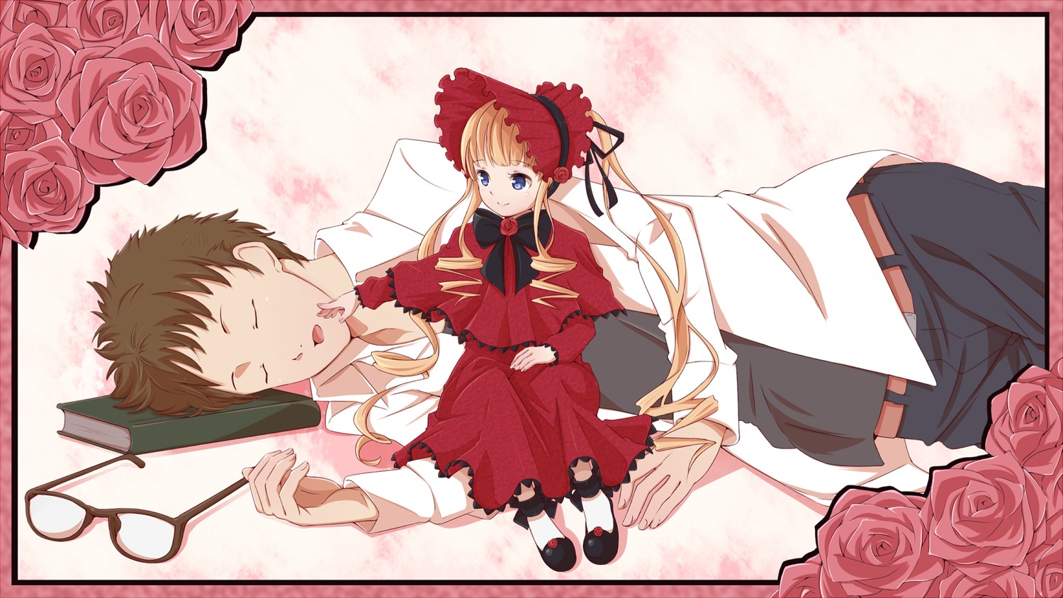 1boy 1girl blonde_hair blue_eyes bonnet book bow commentary_request dress drill_hair eyewear_removed flower frills glasses highres image long_hair muumin_(kissling) pink_bow pink_flower pink_rose poking red_flower red_rose ribbon rose rozen_maiden sakurada_jun shinku sitting size_difference sleeping smile solo