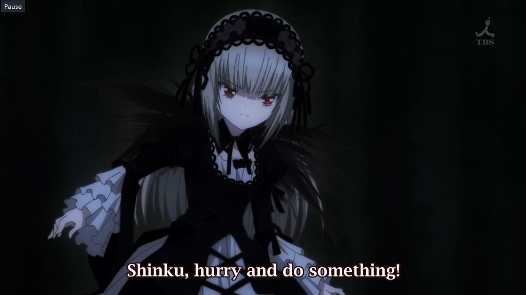 1girl bangs black_background black_dress closed_mouth dress eyebrows_visible_through_hair frills gothic_lolita hairband image lolita_fashion long_hair long_sleeves looking_at_viewer red_eyes ribbon silver_hair solo suigintou wide_sleeves