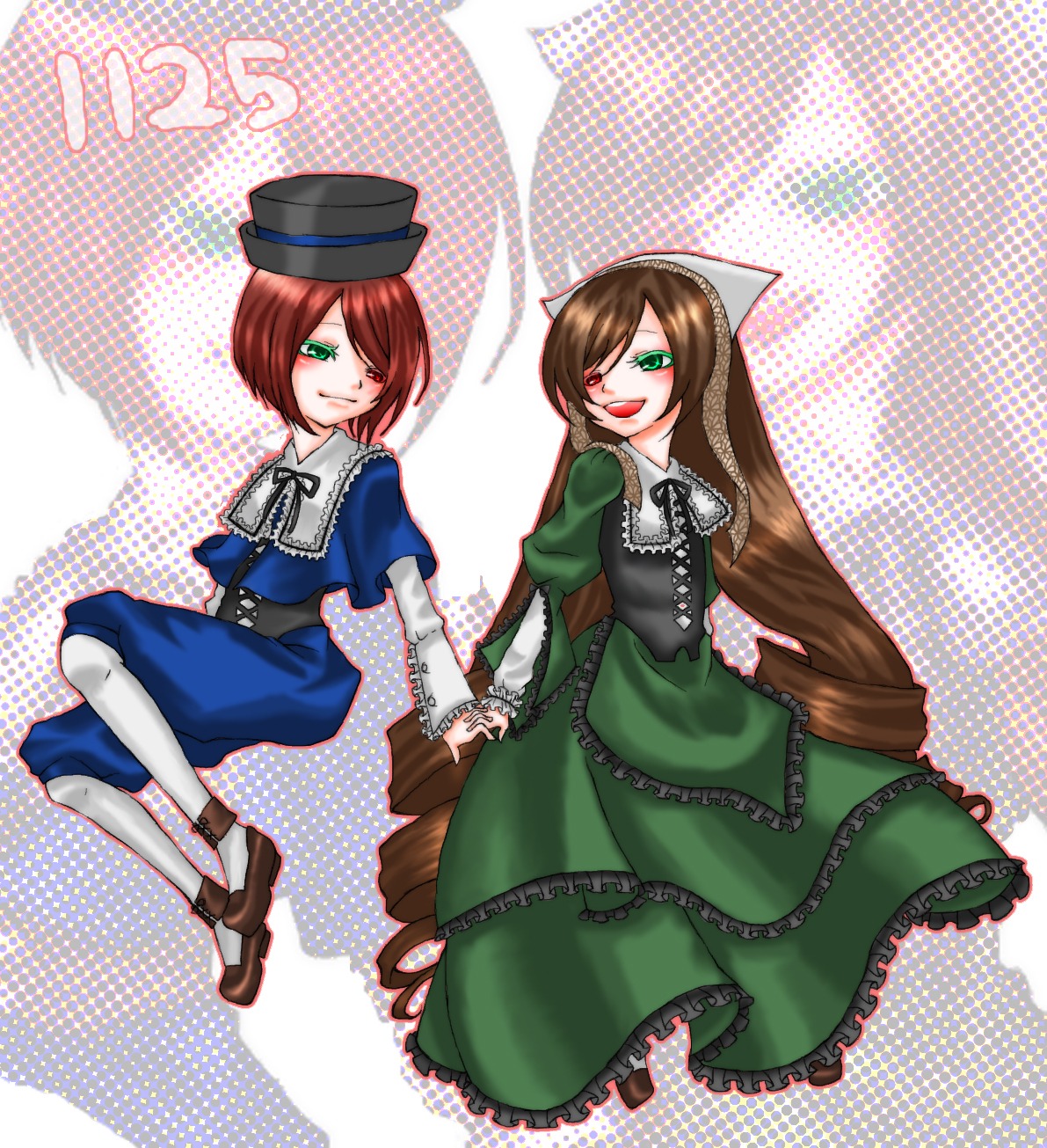 2girls brown_hair dress drill_hair frills green_dress green_eyes hair_over_one_eye halftone halftone_background hat holding_hands image long_hair long_sleeves multiple_girls pair pantyhose polka_dot polka_dot_background short_hair siblings sisters smile souseiseki suiseiseki twins very_long_hair zoom_layer